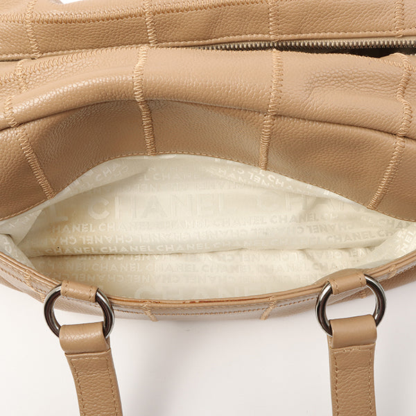 Chanel Around 2005 Caviar Skin Chocolate Bag Cutout Logo Plate Shoulder Bag Smoky Beige