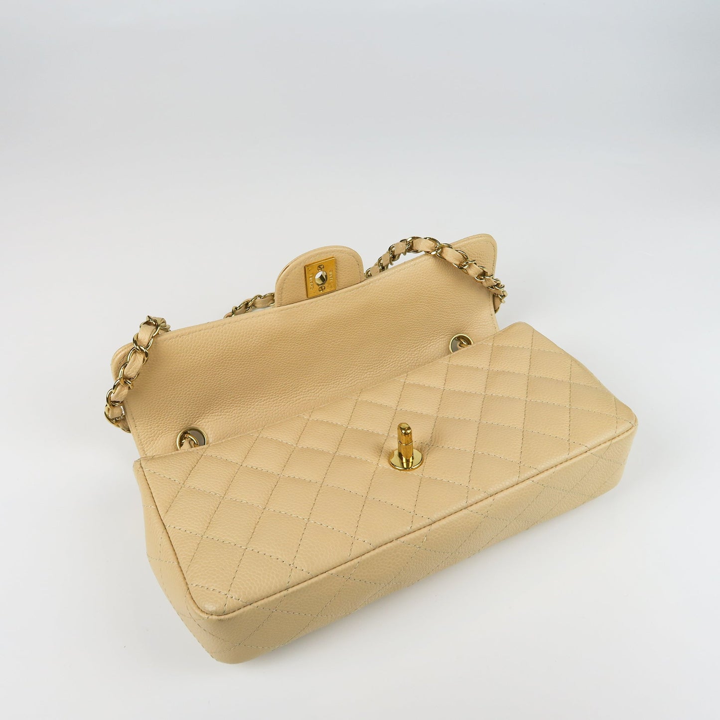 East West Flap Bag in Caviar Beige Leather with GHW