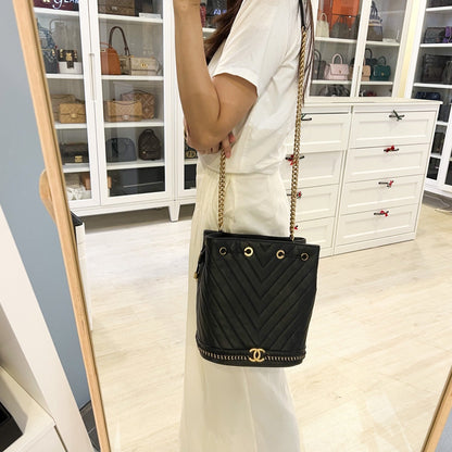 Chanel Chain Around Bucket Bag in Black Chevron Calfskin and AGHW