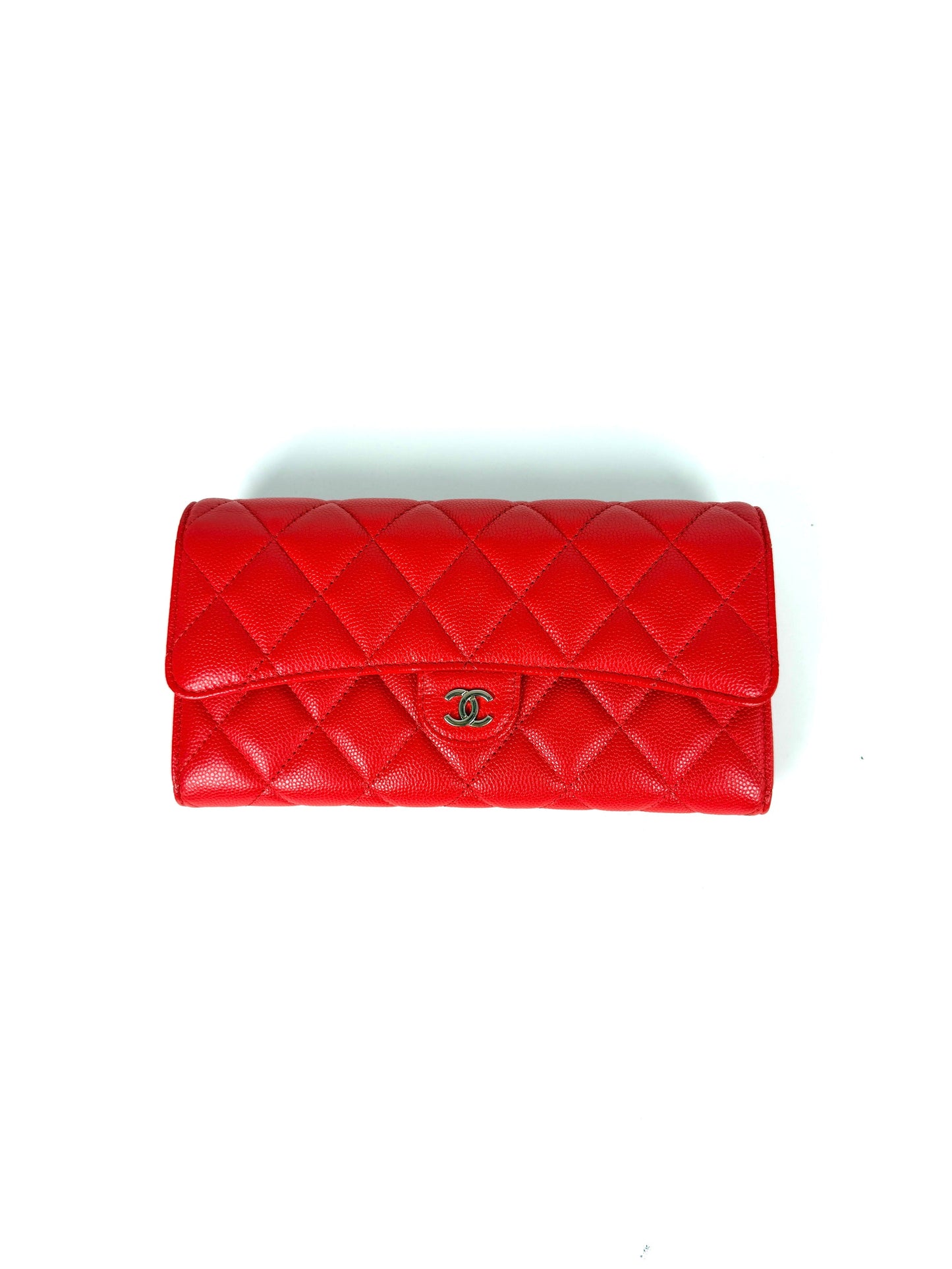 CHANEL Red Quilted Caviar Flap CC Long Gusset Continental Wallet