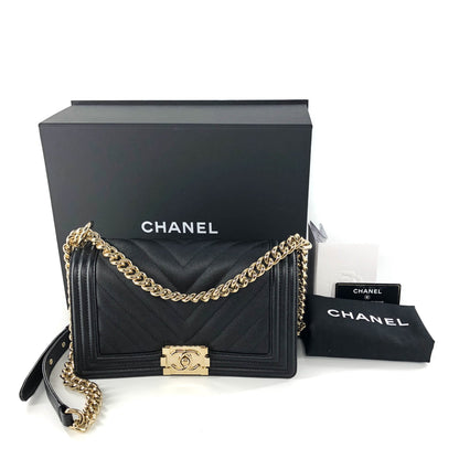 Black Boy Medium Caviar in Pale Shiny Gold Hardware