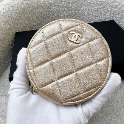 Chanel 2024 VIP Gift Round Pouch and Airpods Holder Bag Charm in Metallic Gold Lambskin and LGHW
