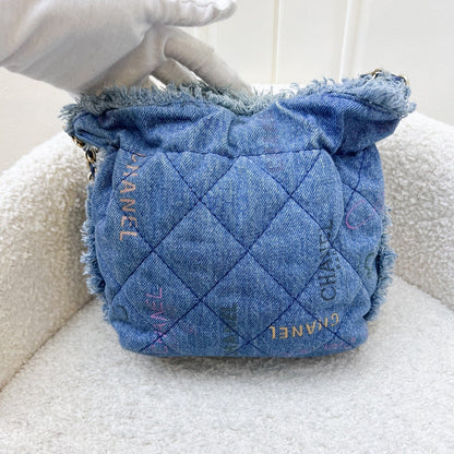Chanel 22P Denim Mood Mini Drawstring Bucket Bag in Blue Printed Denim and LGHW