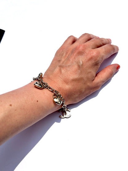 CHANEL 2022 CC Logo Light Gold Metal Charm Bracelet