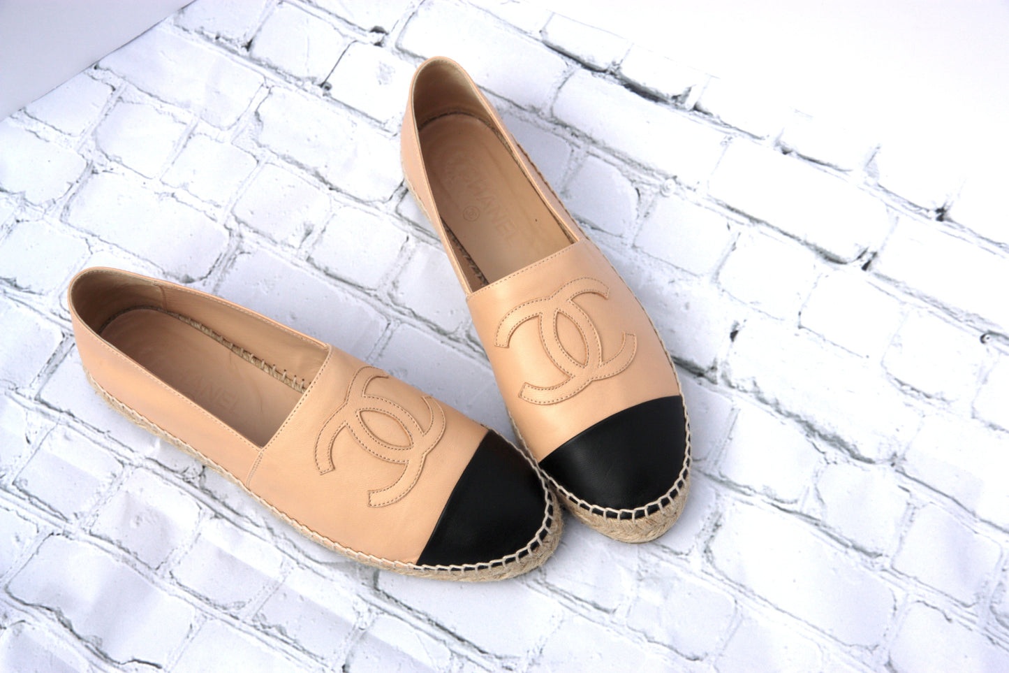 Chanel Beige Black Lambskin Round Toe Espadrilles 41