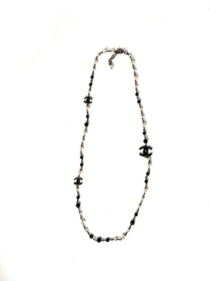 CHANEL Faux Pearl Navy CC Station Bead Long Necklace