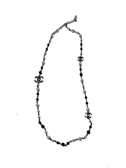 CHANEL Faux Pearl Navy CC Station Bead Long Necklace