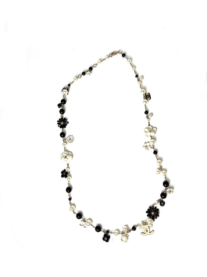 CHANEL Faux Pearl CC Black White Flower Station Long Necklace