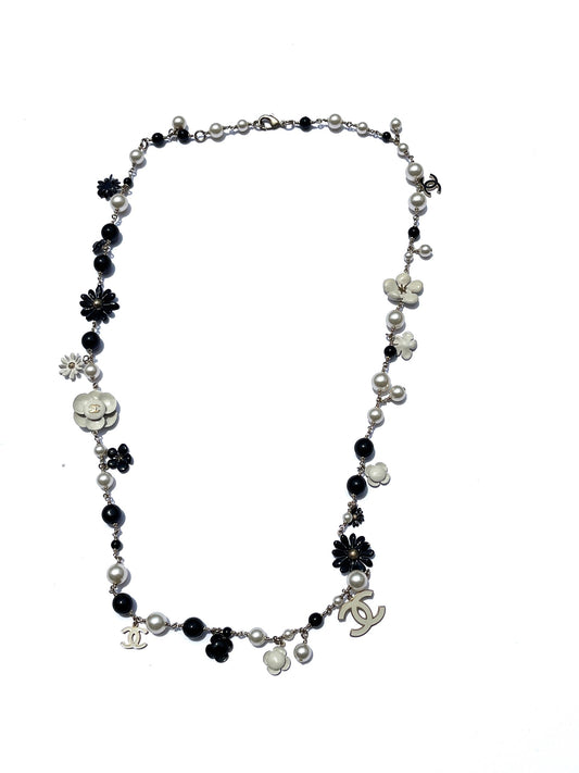 CHANEL Faux Pearl CC Black White Flower Station Long Necklace