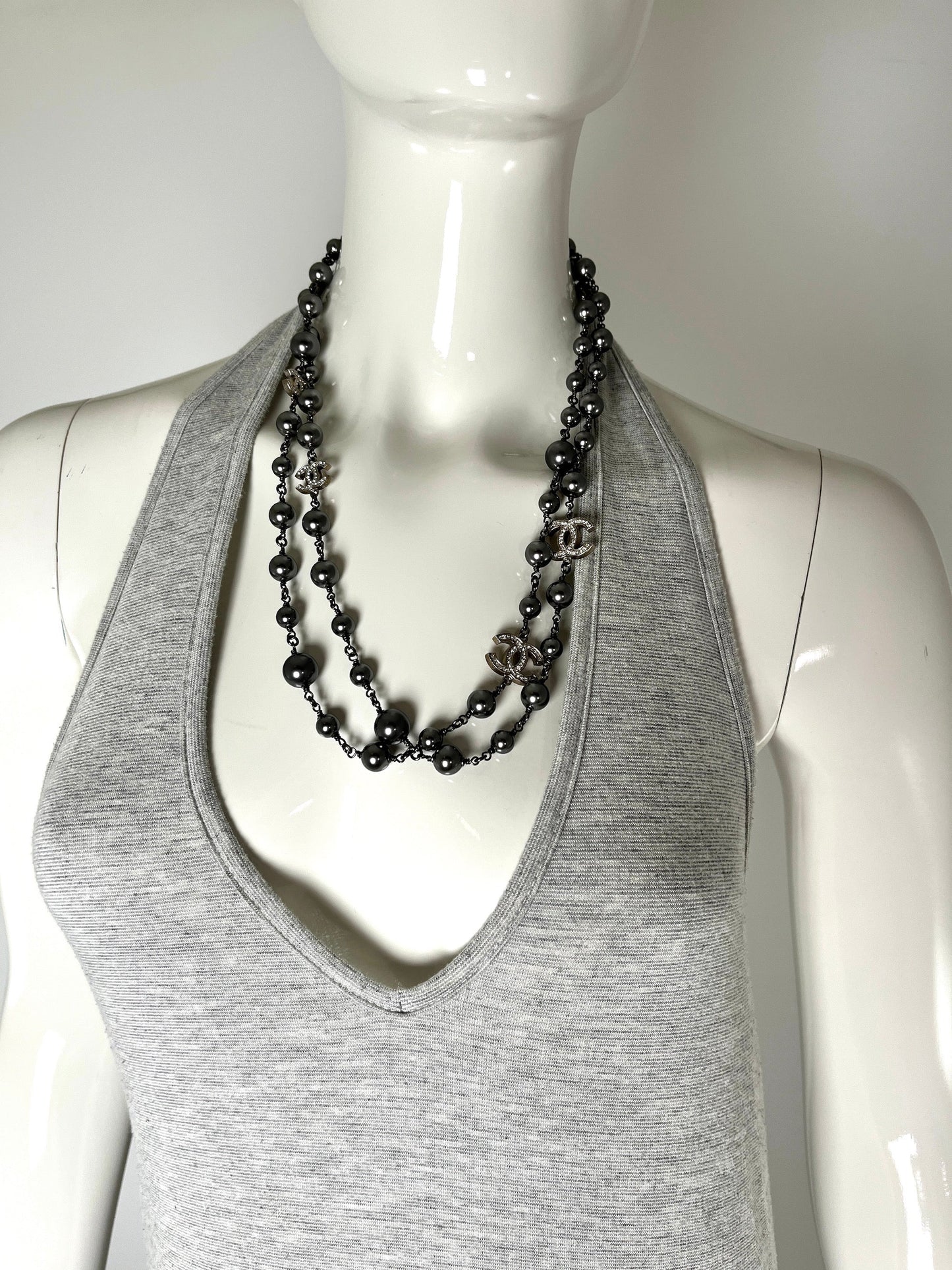 On layaway CHANEL Gray Faux Pearl Strass CC Station Long Necklace