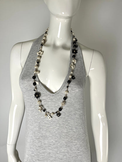 CHANEL Faux Pearl CC Black White Flower Station Long Necklace
