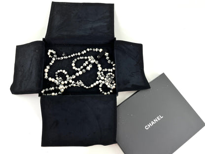 Chanel Faux Pearl Black Silver Multistrand CC Long Necklace