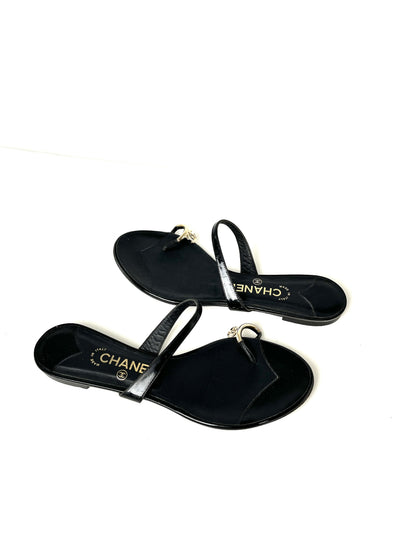 CHANEL Black CC Logo Leather Slip on Sandals 41.5 10.5