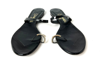 CHANEL Black CC Logo Leather Slip on Sandals 41.5 10.5