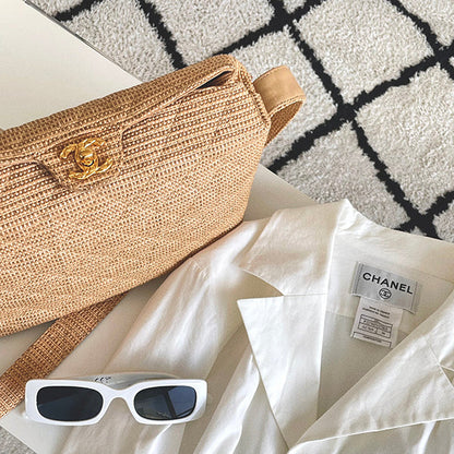 Chanel Around 1992 Made Straw Turn-Lock Shoulder Bag Beige