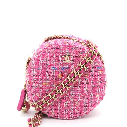 CC Tweed Fabric Round Clutch With Chain