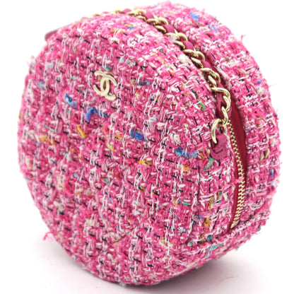 CC Tweed Fabric Round Clutch With Chain