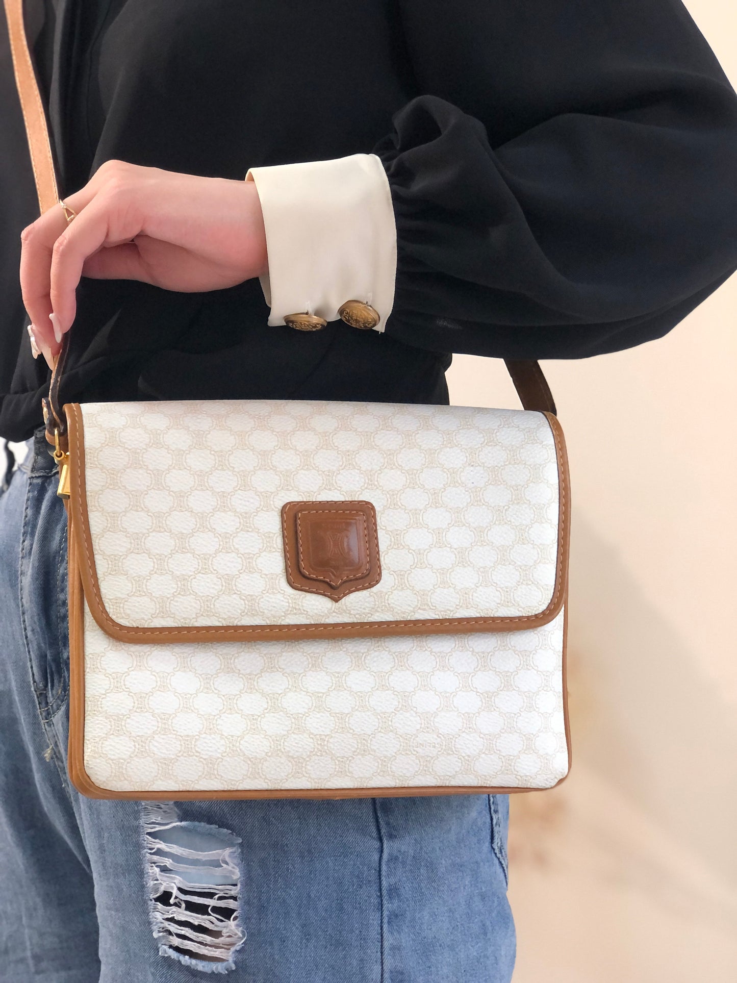CELINE  Crowwbody Shoulderbag White Vintage Old celine 5mjbeu