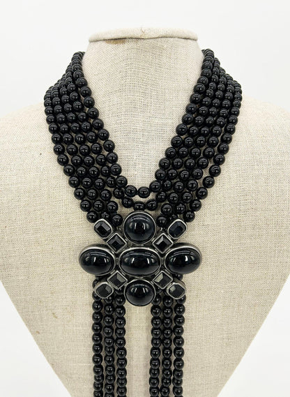 Chanel Black Beaded Multi Strand Emblem Necklace