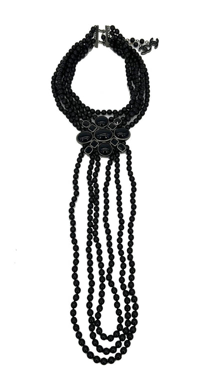 Chanel Black Beaded Multi Strand Emblem Necklace