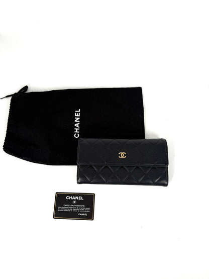 CHANEL Black Caviar Leather Flap Long Continental Wallet