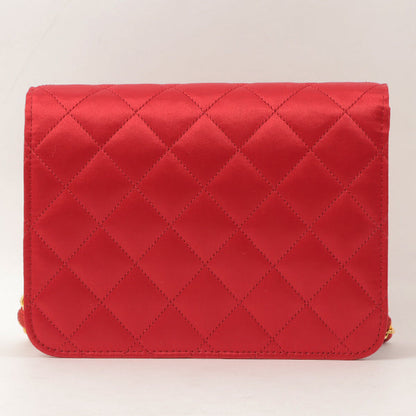 Chanel Around 1995 Made Silk Satin Straight Flap Cc Mark Plate Chain Bag Red