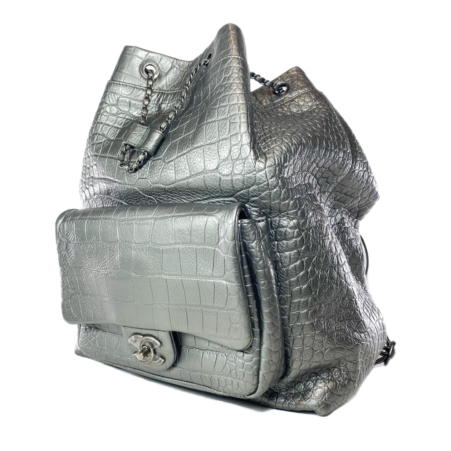 Chanel Silver Metallic Calfskin Crocodile Embossed Backpack