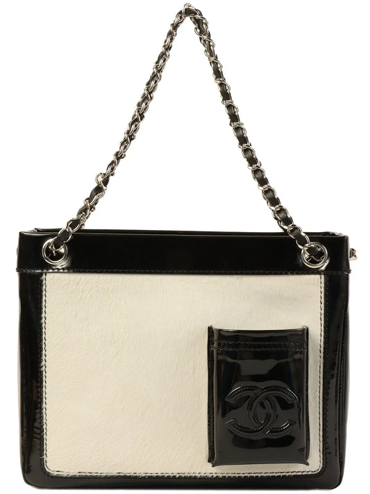Chanel Around  Made Unborn Calf Patent Conbination Cc Mark Stitch Chain Tote Bag White/Black