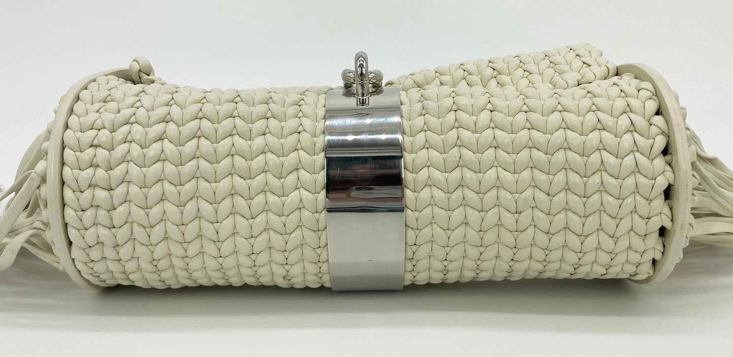 Balenciaga White Leather Tresse Fringe Clutch