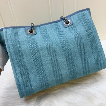 Chanel Small / Medium Deauville Tote in Green / Turquoise Fabric and LGHW (Model: A67001)