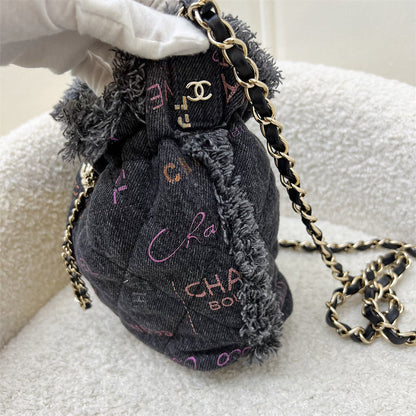 Chanel 22P Denim Mood Mini Drawstring Bucket Bag in Black Printed Denim and LGHW