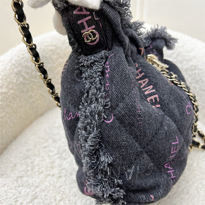 Chanel 22P Denim Mood Mini Drawstring Bucket Bag in Black Printed Denim and LGHW
