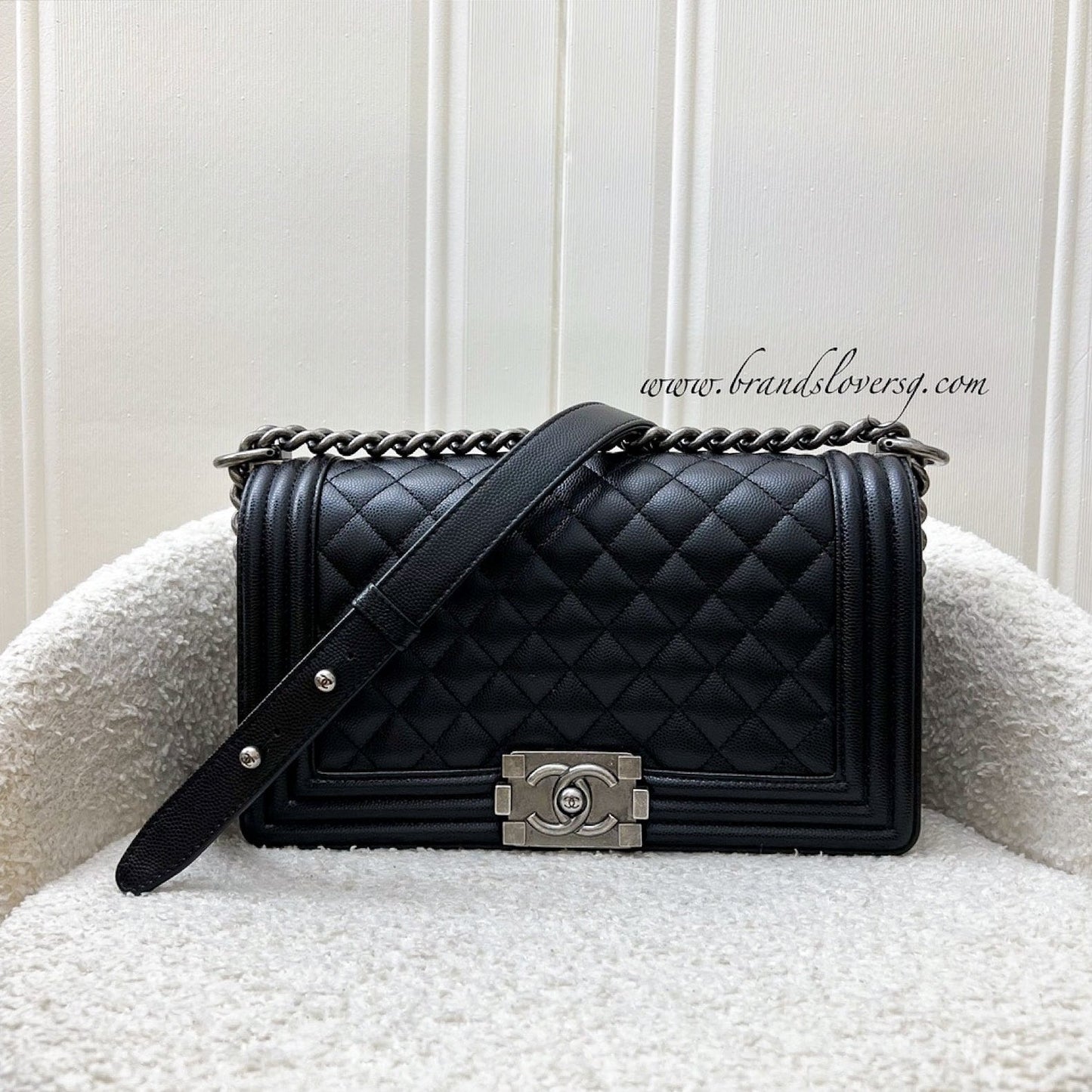 Chanel Medium 25cm Boy Flap in Black Caviar and RHW (Model: A67086)