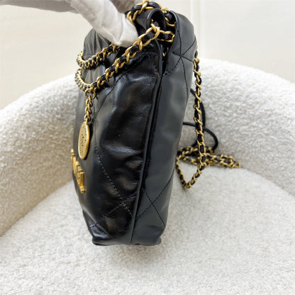 Chanel 22 Mini Hobo Handbag in Black Shiny Calfskin and AGHW (Model: AS3980)