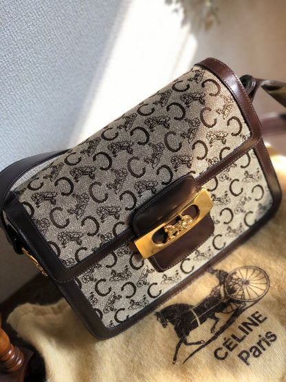 CELINE C Macadam Horse carriage Jacquard Shoulder bag Brown Vintage Old CELINE 5chm38