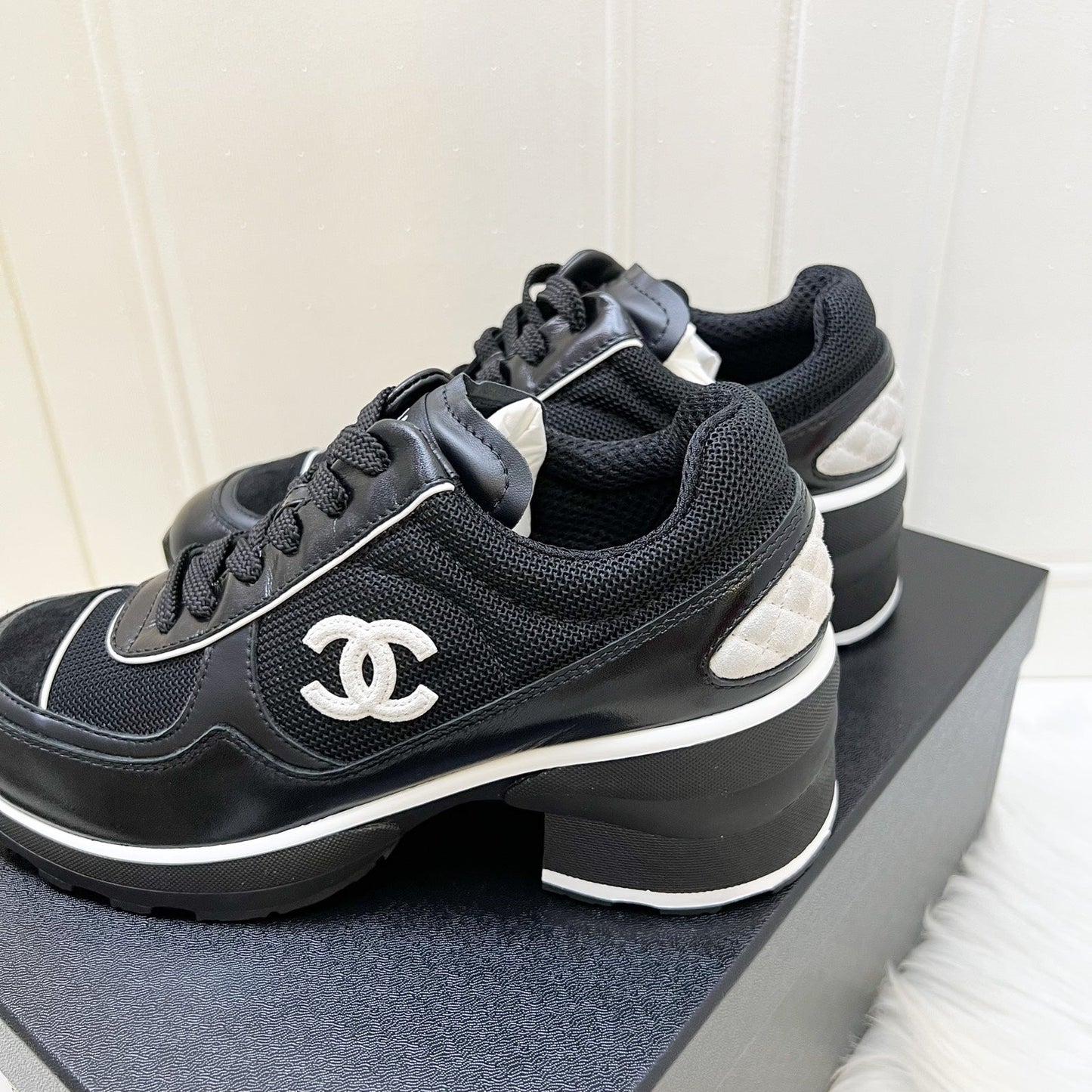 Chanel 25K Sneakers in Black Mixed Fibers and Shiny Calfskin with White Logo and Trimmings Sz 38.5 (Model: G46871)