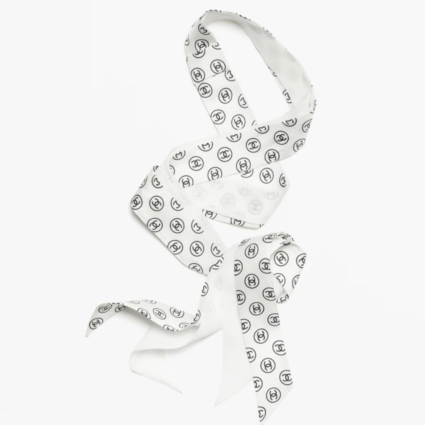 Chanel 25K Slim Bandeau with Black Logo in White Silk