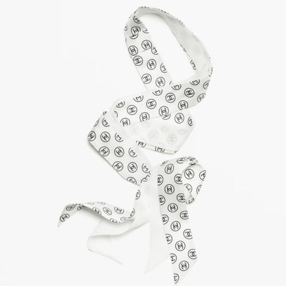 Chanel 25K Slim Bandeau with Black Logo in White Silk