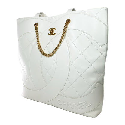 Chanel White Stitched CC Shopper Tote