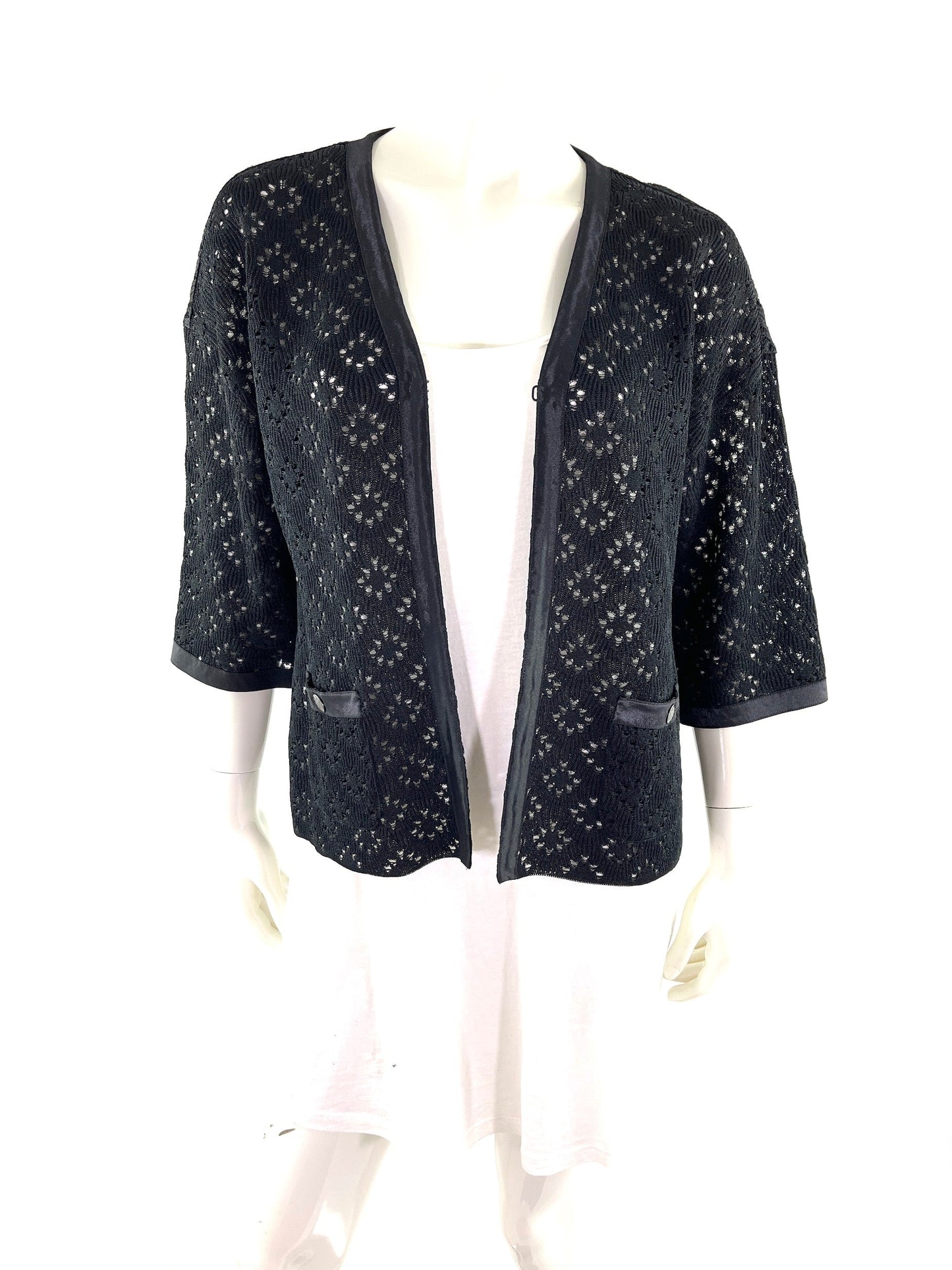 CHANEL Perforated Black Silk Knit Jacket Cardigan 40 M 8