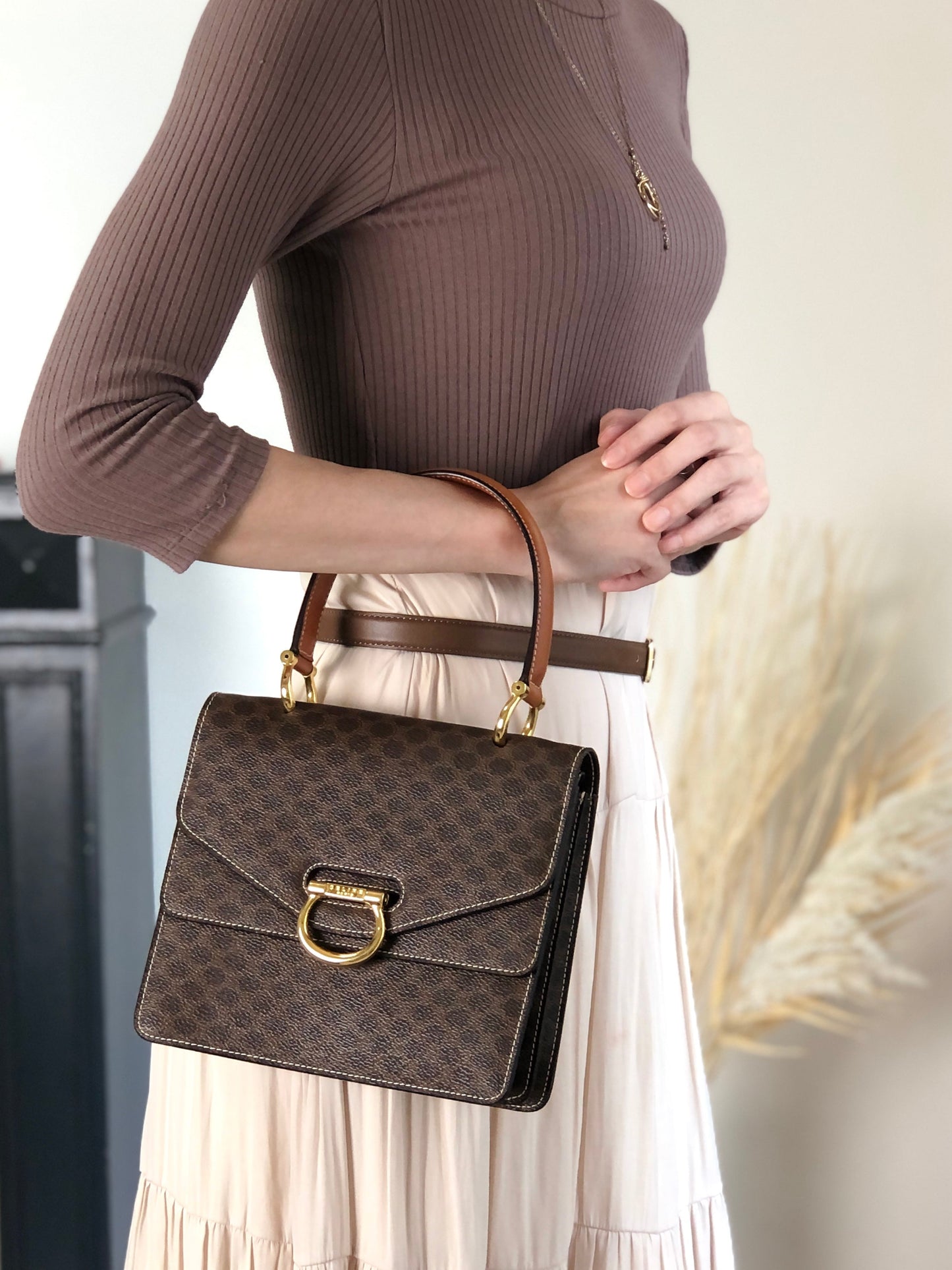 CELINE Macadam Horse Bit Double Flap Handbag Brown Vintage 8byndv