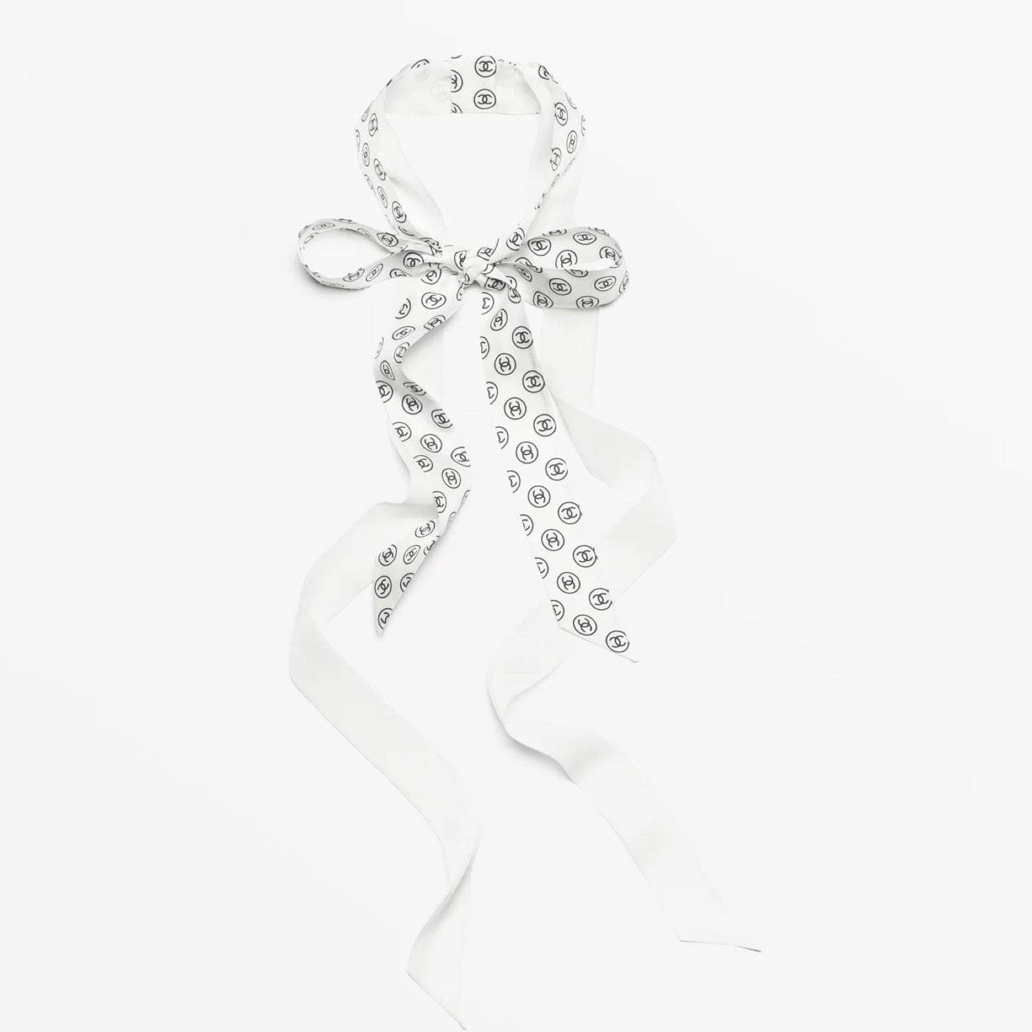Chanel 25K Slim Bandeau with Black Logo in White Silk