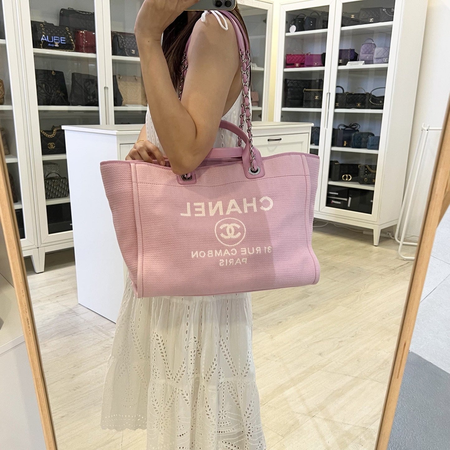 Chanel Medium / Large Deauville Tote in 22S Pink Fabric LGHW