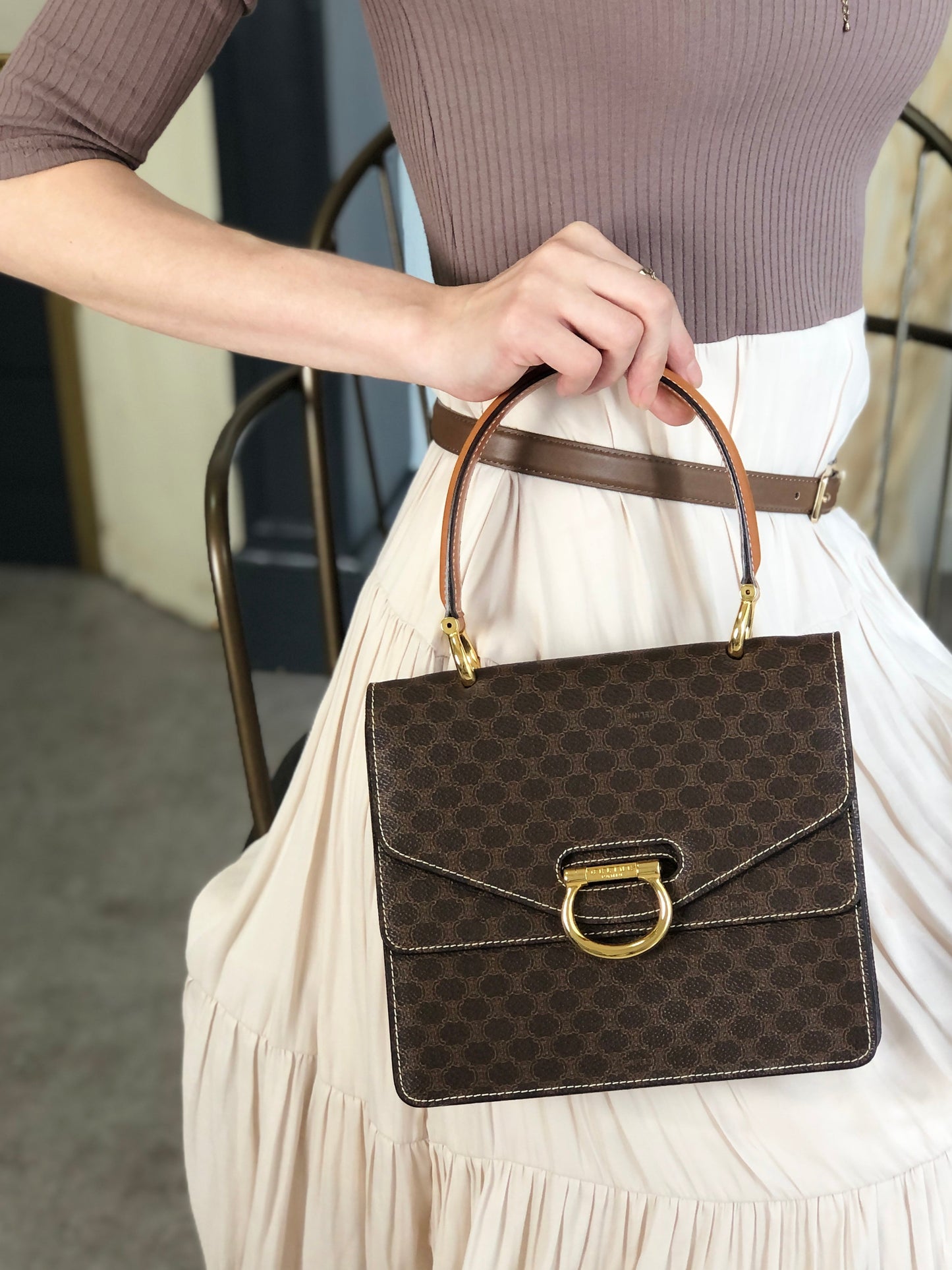 CELINE Macadam Horse Bit Double Flap Handbag Brown Vintage 8byndv