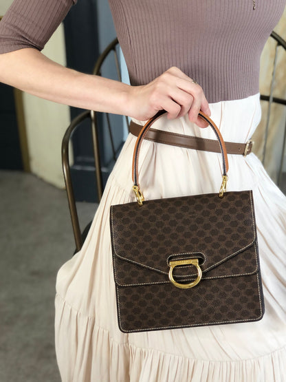 CELINE Macadam Horse Bit Double Flap Handbag Brown Vintage 8byndv
