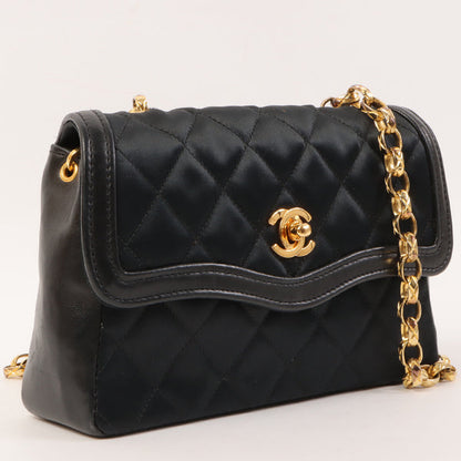 CHANEL Around 1990 Made Leather Silk Satin Combination Design Flap Bijoux Chain Bag Mini Black