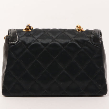 CHANEL Around 1990 Made Leather Silk Satin Combination Design Flap Bijoux Chain Bag Mini Black