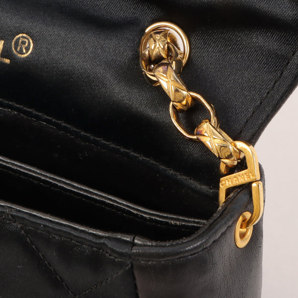 CHANEL Around 1990 Made Leather Silk Satin Combination Design Flap Bijoux Chain Bag Mini Black