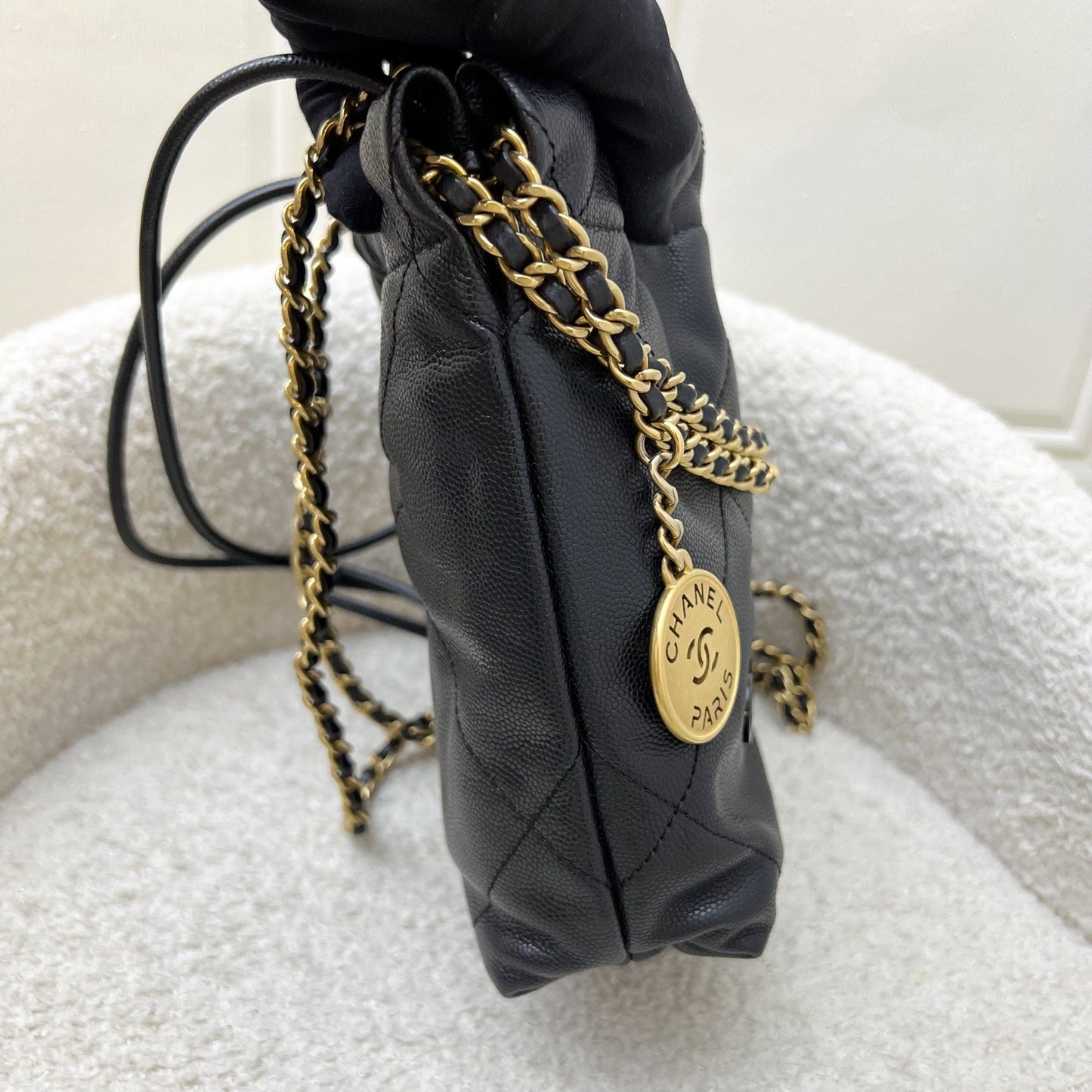 Chanel 22 Mini Hobo Handbag in Black Shiny Caviar and AGHW (Model: AS3980)