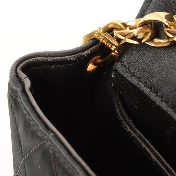 CHANEL Around 1990 Made Leather Silk Satin Combination Design Flap Bijoux Chain Bag Mini Black